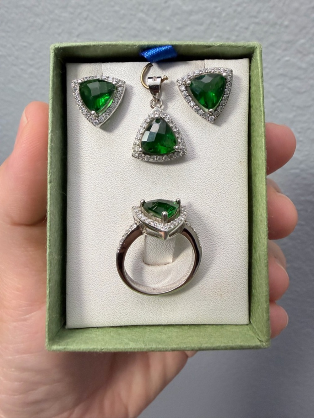 925 Sterling Silver Emerald Green Triangle Halo Jewelry Set - Women Ring